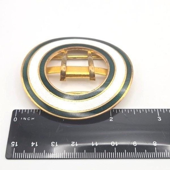 Antique Edwardian Enamel Buckle Clasp Round Brass White Green Accent - Picture 4 of 4